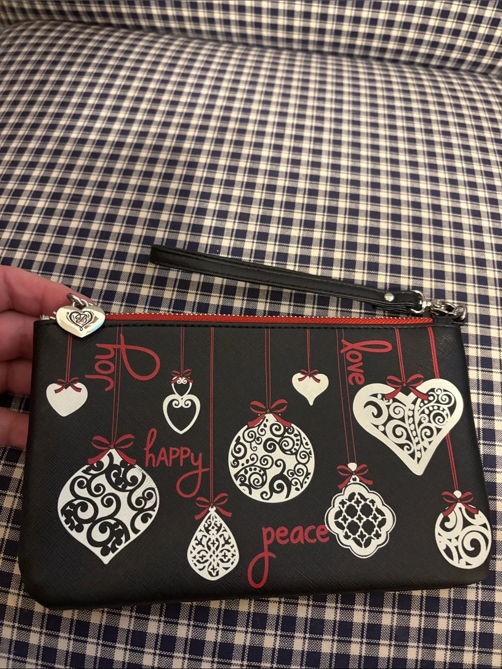Brighton Black Wristlet Clutch with Red and White Holiday Ornaments